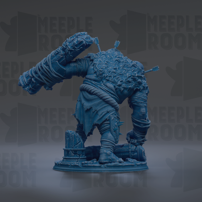 A blue, 3D-rendered statue of a fantastical creature with a large head, long neck, and a muscular build, standing on a pedestal.