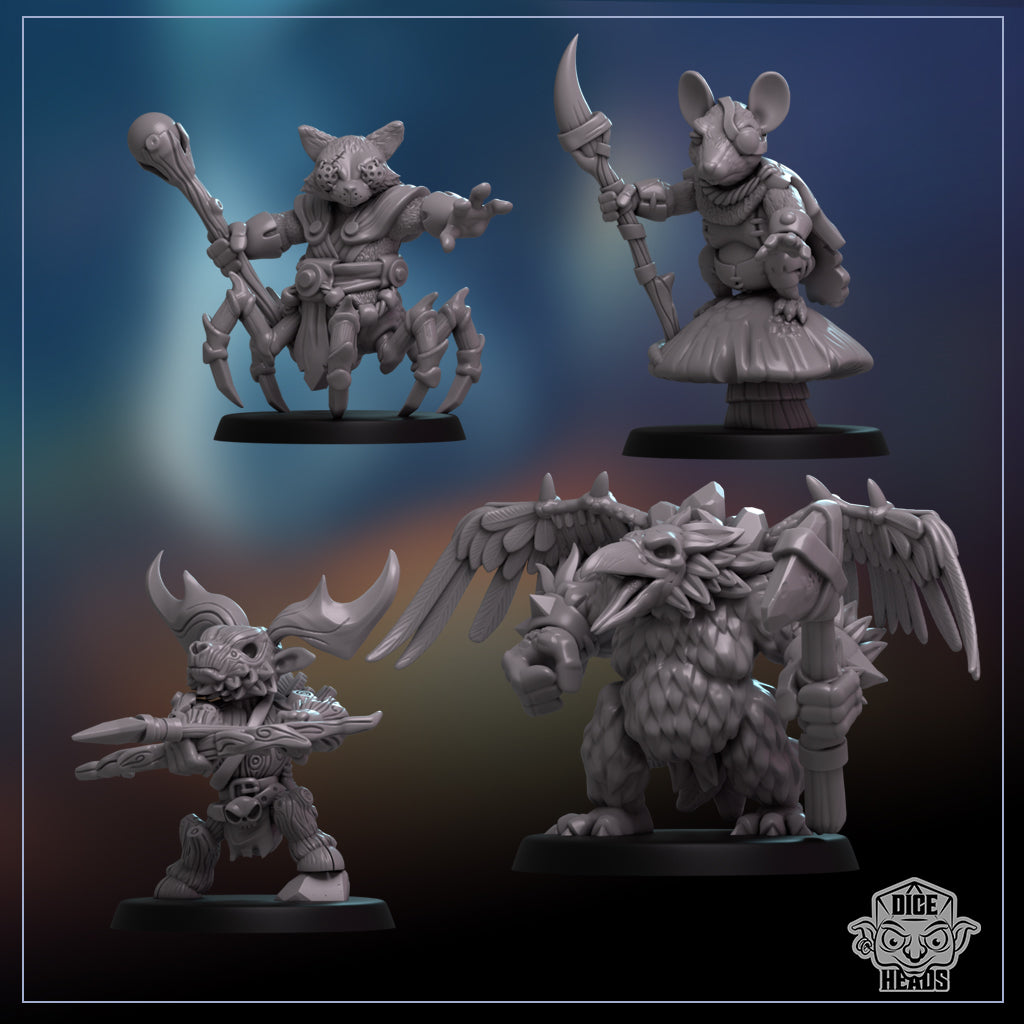 The image contains four detailed 3D models of fantasy creatures, including a spider, a mouse, a dragon, and a bird, each holding various weapons and standing on platforms.
