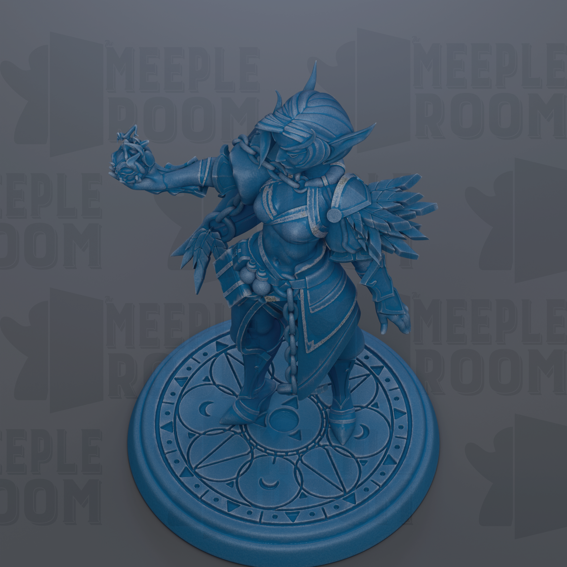 A blue figurine of a warrior standing on a circular base with a patterned design.