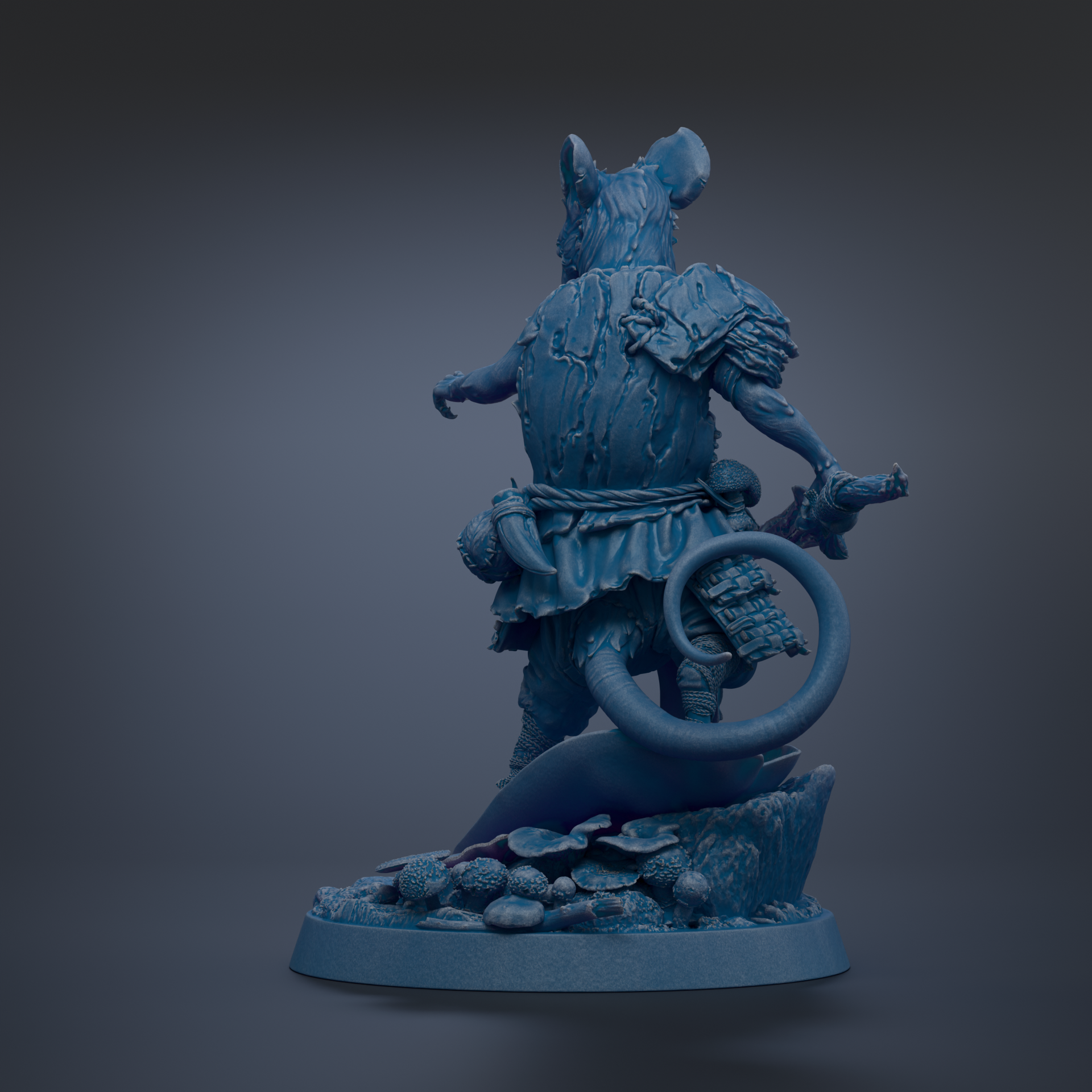A blue, 3D-rendered statue of a fantastical creature with a large head, long tail, and a weapon in its hand.