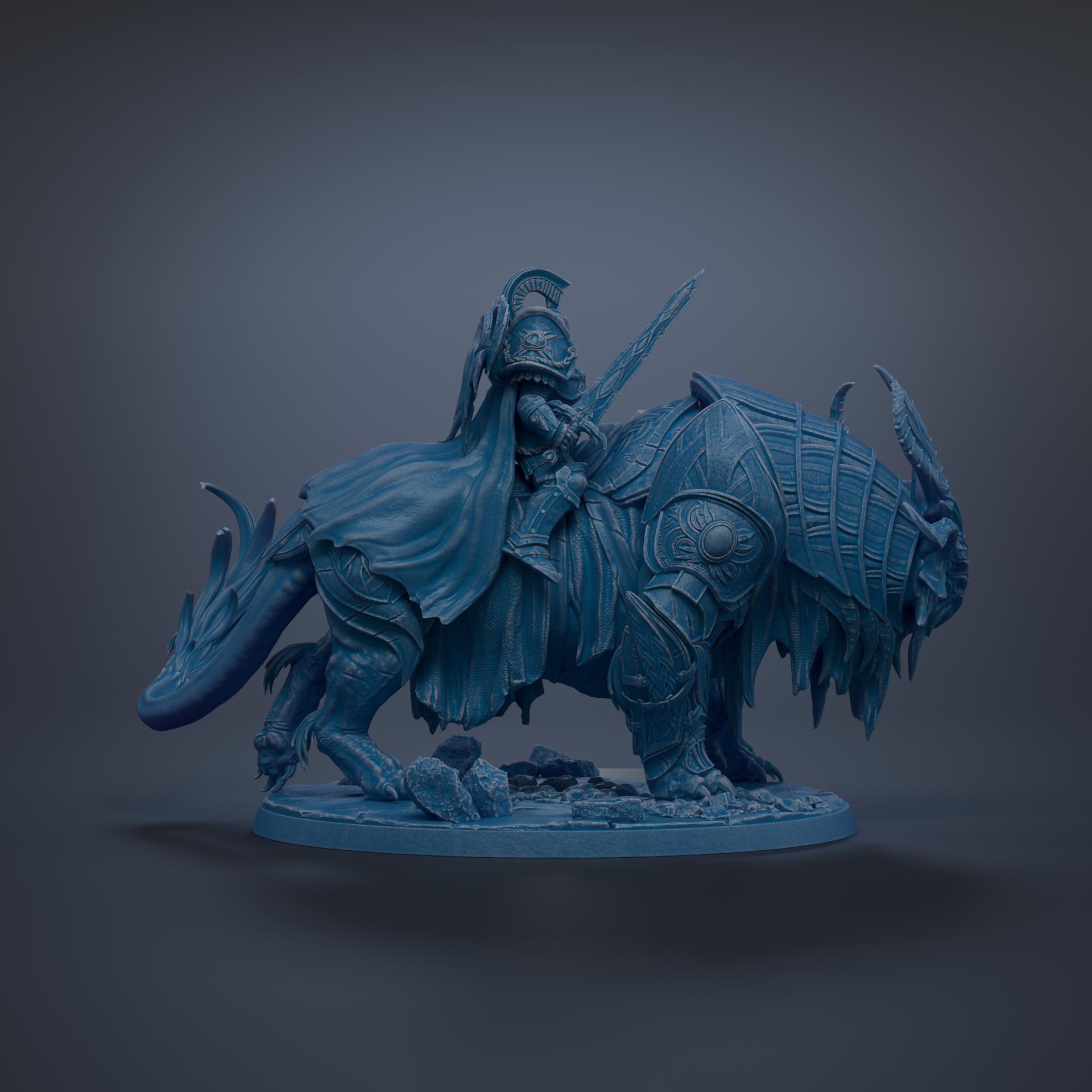A blue statue of a knight on a dragon-like creature, with a cape and helmet, is depicted against a dark background.