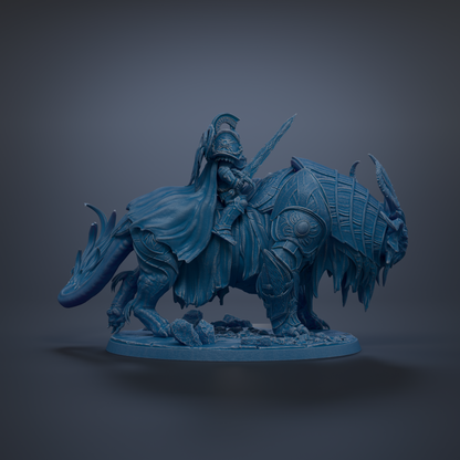 A blue statue of a knight on a dragon-like creature, with a cape and helmet, is depicted against a dark background.