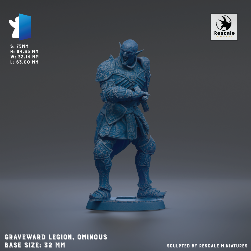 a figurine of a warrior standing in a defensive stance, wearing a blue and gold armor. The figurine is of a base size of 22mm.