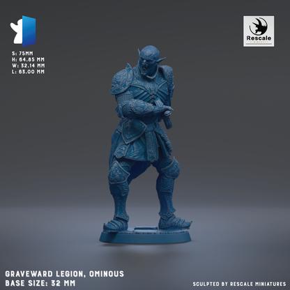 a figurine of a warrior standing in a defensive stance, wearing a blue and gold armor. The figurine is of a base size of 22mm.