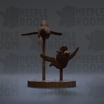 A 3D rendering of a sculpture depicting two sea creatures, possibly sea turtles, with their heads and necks raised above the water.
