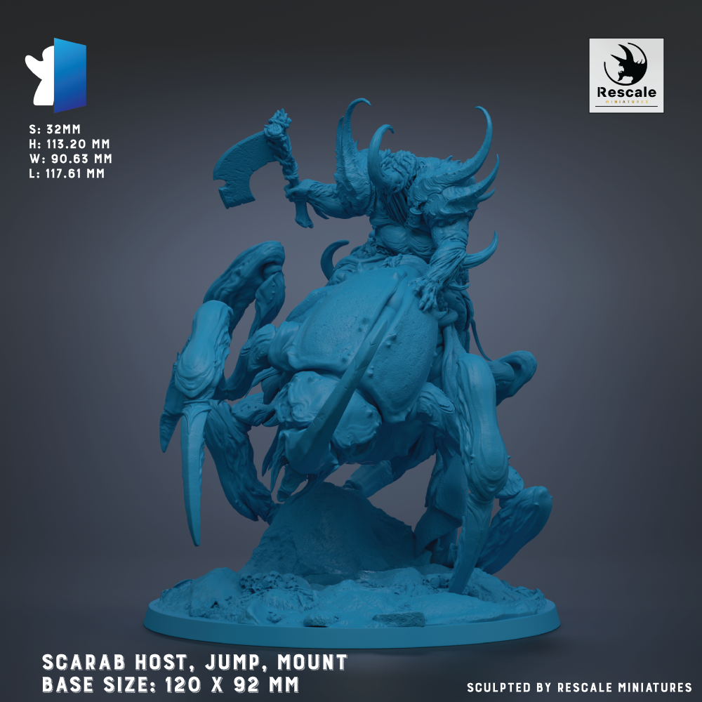 The image is a detailed figurine of a large, armored creature with a sword, mounted on a rock formation. The creature appears to be a fantastical or mythical creature, possibly a dragon or a similar mythical being. The figurine is shown in a dynamic pose, with the creature's legs spread out and its head turned to the side. The base sizes of the figurine are 120 x 92 mm, and the image is described as being sculpted by Rescale miniatures.