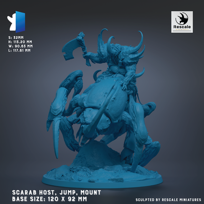 The image is a detailed figurine of a large, armored creature with a sword, mounted on a rock formation. The creature appears to be a fantastical or mythical creature, possibly a dragon or a similar mythical being. The figurine is shown in a dynamic pose, with the creature's legs spread out and its head turned to the side. The base sizes of the figurine are 120 x 92 mm, and the image is described as being sculpted by Rescale miniatures.