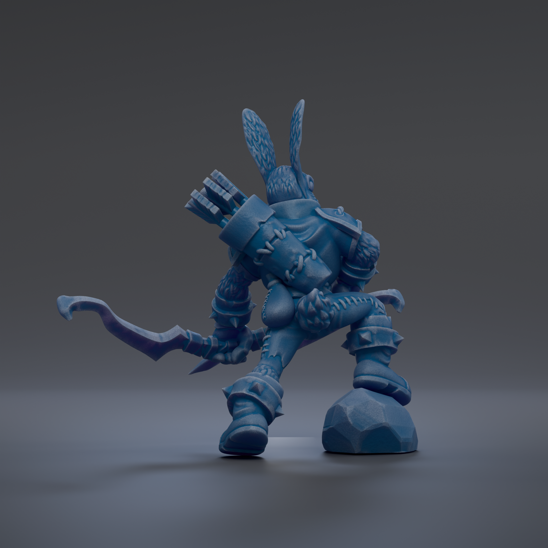 A 3D rendering of a blue armored figure with a sword and shield, standing on a rock.