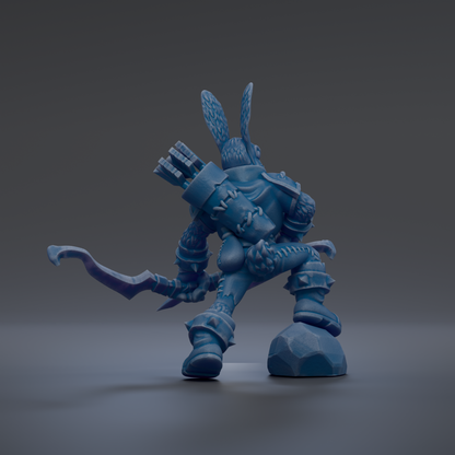 A 3D rendering of a blue armored figure with a sword and shield, standing on a rock.