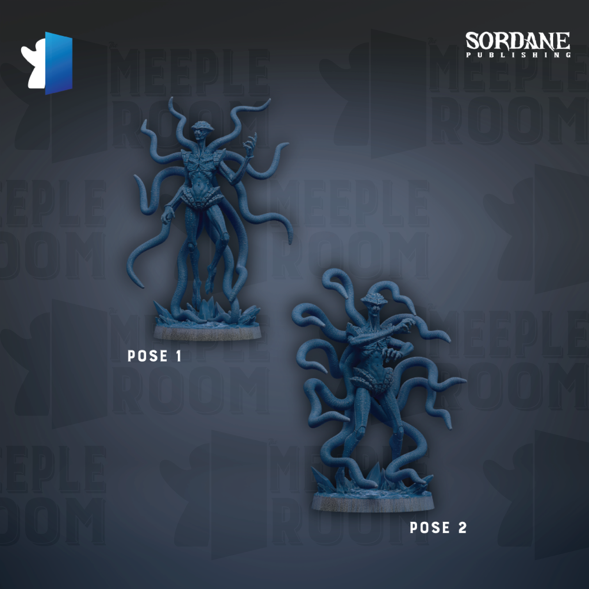two blue figurines with long, coiled bodies, possibly representing creatures or characters from a video game or other media.