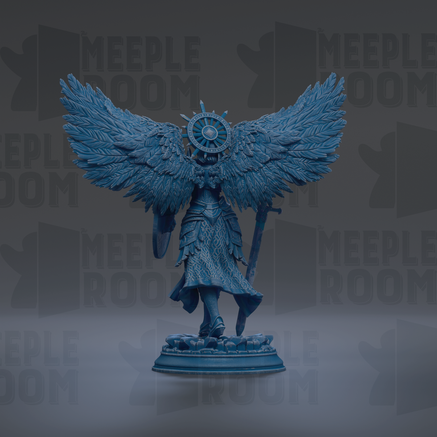 A blue statue of a winged figure with a crown, standing on a pedestal against a dark background with repeated text.