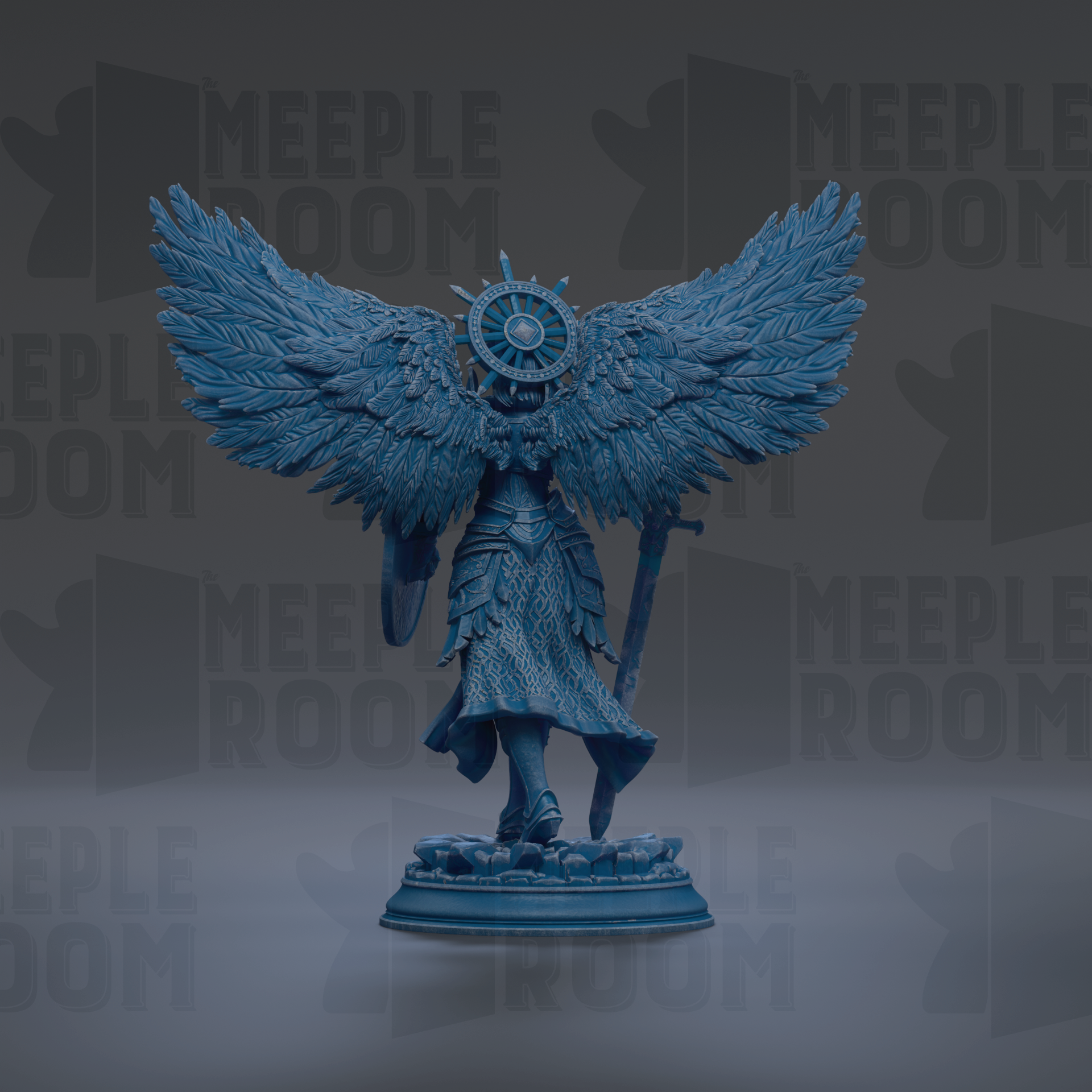 A blue statue of a winged figure with a crown, standing on a pedestal against a dark background with repeated text.