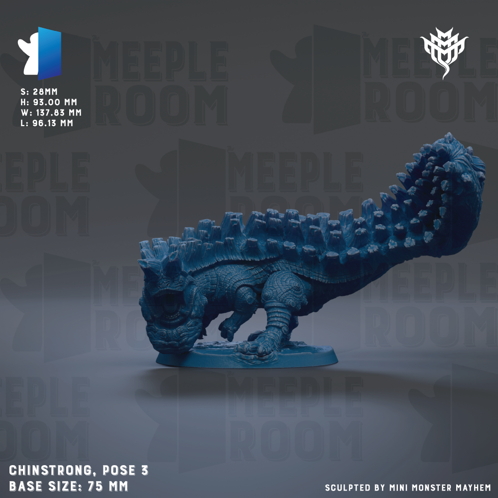 a blue dinosaur-like creature with spikes on its back, standing on a base. The creature appears to be a toy or figurine, and the image is described as a "chimstrong, pose 3" and "base size: 75 mm".