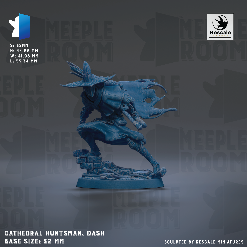 The image is a detailed model of a character named Cathedral Hunter, a character from the video game Meeple Room. The character is depicted in a dynamic pose, with a cape and a hat, and is standing on a base that measures 32 millimeters in length. The image is a sculpture, and it is part of a collection of similar sculptures by Rescale Miniatures.