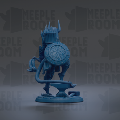 A blue figurine of a dragon-like creature with horns and a shield, standing on a base and holding a staff.