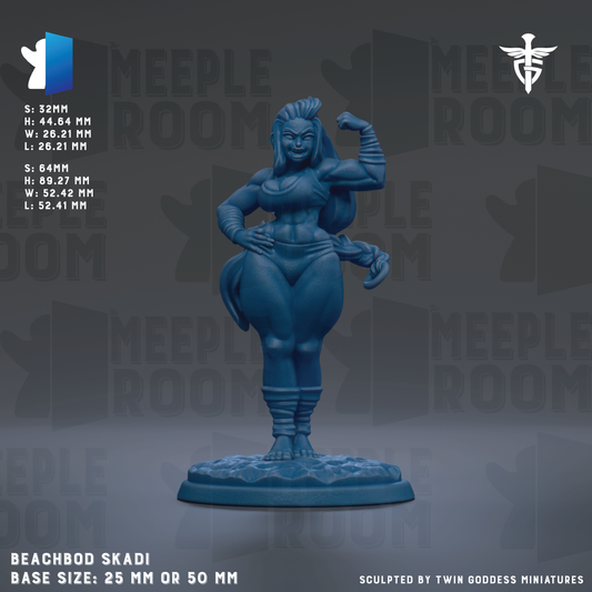 a blue figurine of a muscular, female character with a determined expression, standing on a base size of 25mm or 50mm.