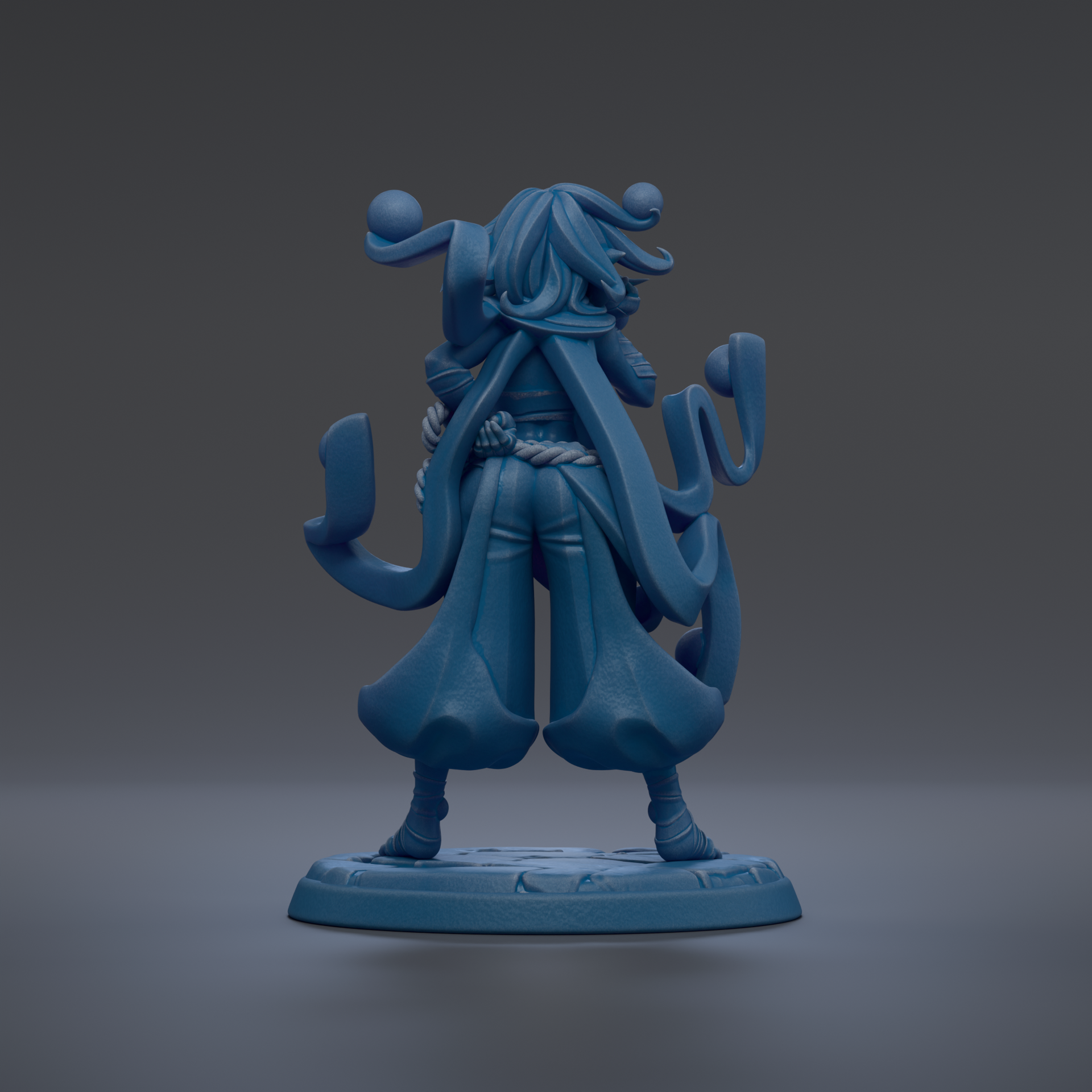 A 3D rendering of a blue, stylized figure with a long, flowing skirt and a large headdress, standing on a platform.