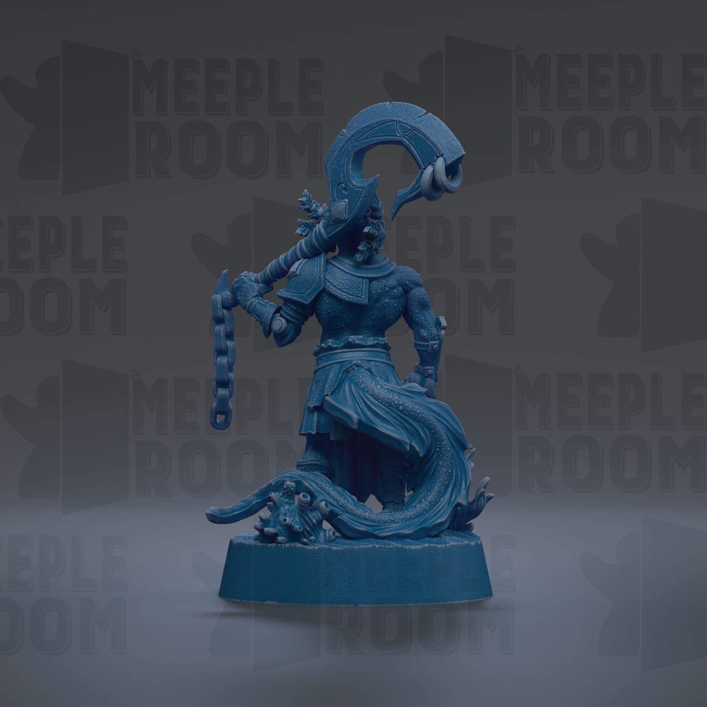 A blue figurine of a warrior figure holding a sword and shield, standing on a platform.