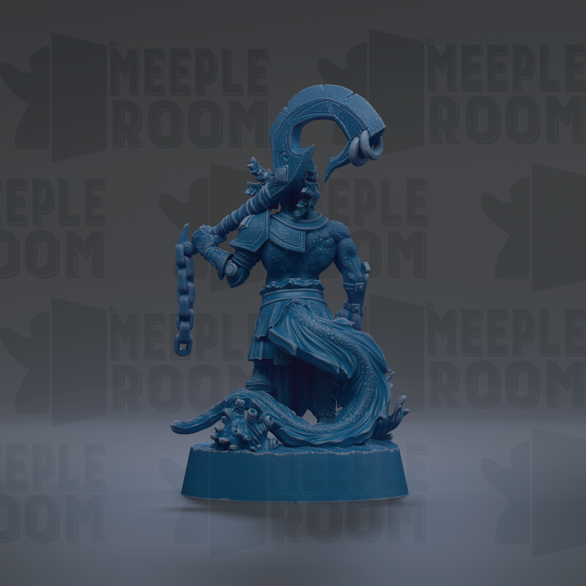 A blue figurine of a warrior figure holding a sword and shield, standing on a platform.