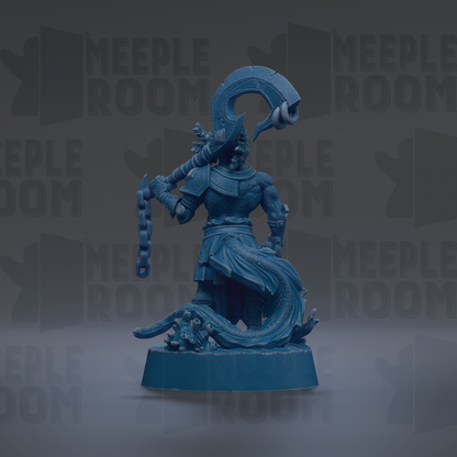 A blue figurine of a warrior figure holding a sword and shield, standing on a platform.