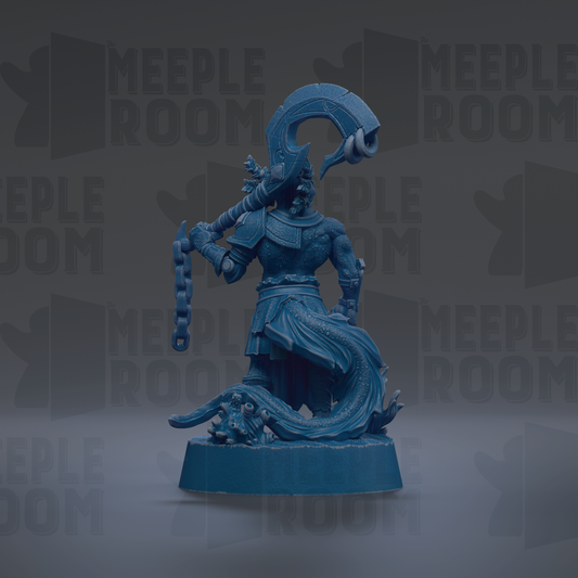 A blue figurine of a warrior figure holding a sword and shield, standing on a platform.