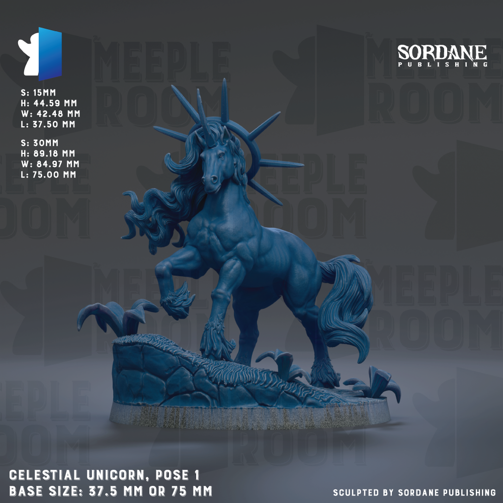 The image is a 3D rendering of a celestial unicorn statue, with a base size of either 35 mm or 75 mm. The statue is posed in a standing position and features a large head with a crown and a long mane. The background of the image is a dark blue color, and there are some small birds scattered around the statue. The image does not contain any text, and it is a single, cohesive scene.