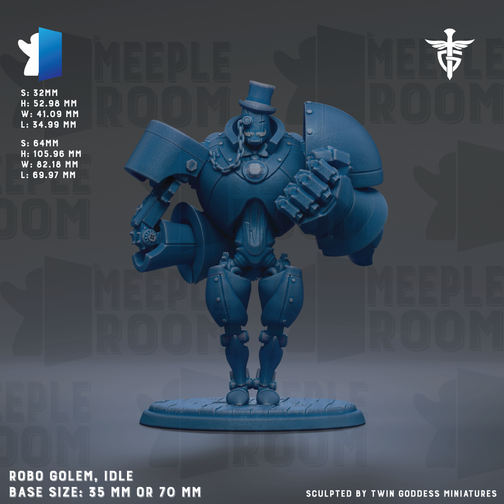 The image is a 3D rendering of a blue robot figurine, specifically a Meeple robot, with a base size of 35 mm or 70 mm.