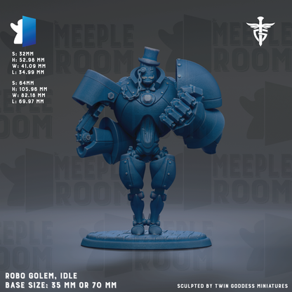 The image is a 3D rendering of a blue robot figurine, specifically a Meeple robot, with a base size of 35 mm or 70 mm.