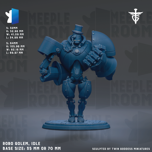 The image is a 3D rendering of a blue robot figurine, specifically a Meeple robot, with a base size of 35 mm or 70 mm.