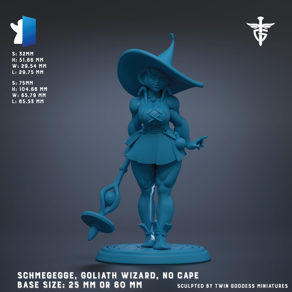 The image is a 3D rendering of a female character in a wizarding outfit, standing on a base and holding a wand. The character appears to be a witch or magical being, as indicated by the detailed costume and the presence of a pointed hat. The image does not contain any text, and the character is the sole focus of the image.