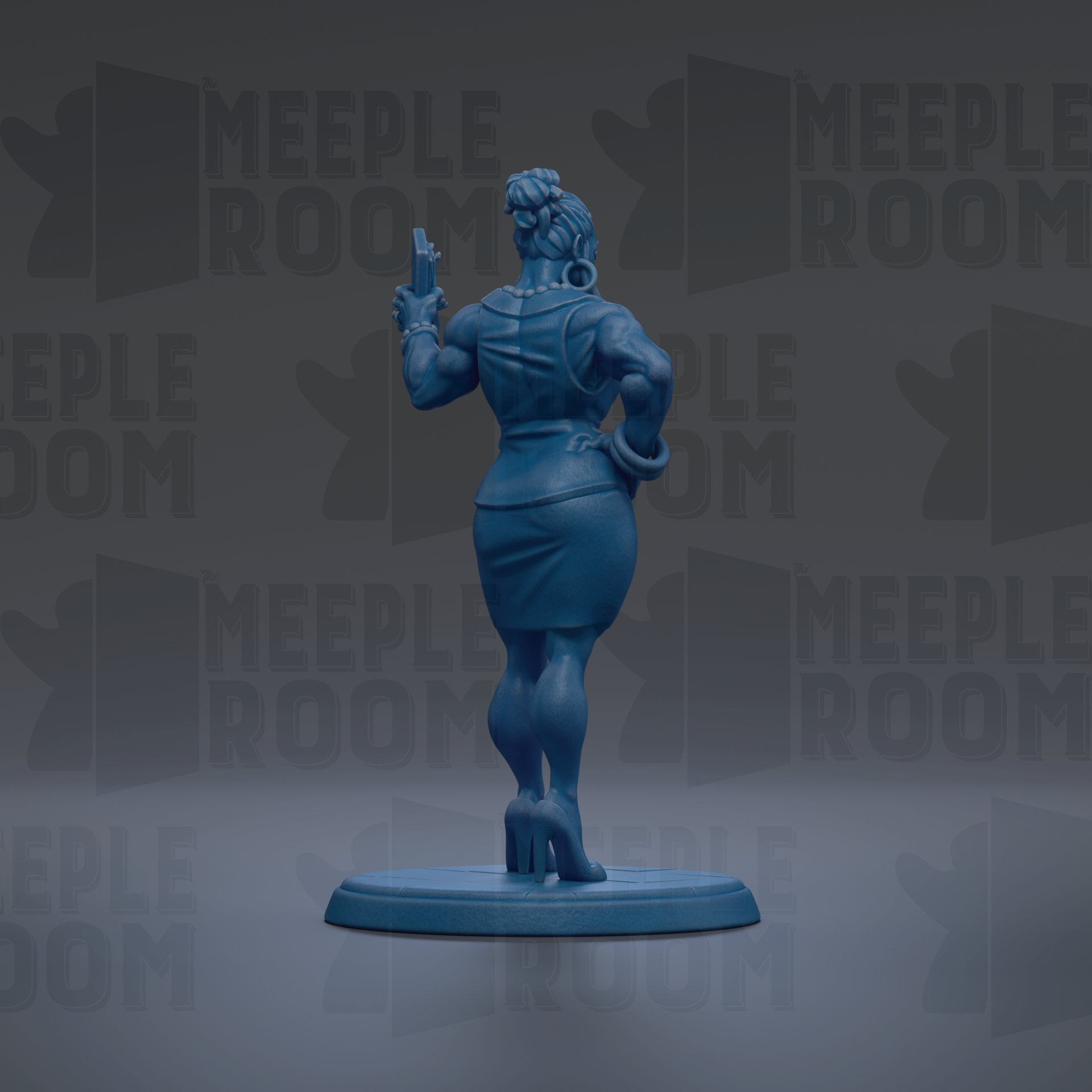 A blue figurine of a woman holding a gun, standing on a blue base, against a dark background with repeated text.