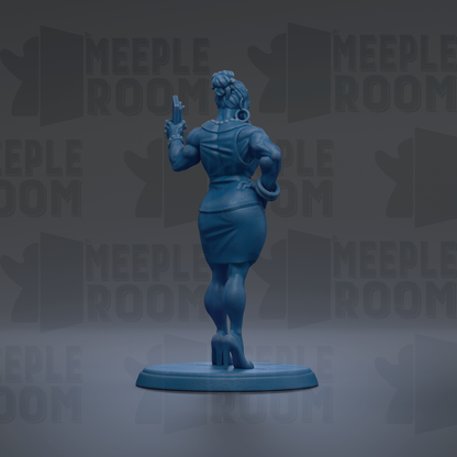 A blue figurine of a woman holding a gun, standing on a blue base, against a dark background with repeated text.