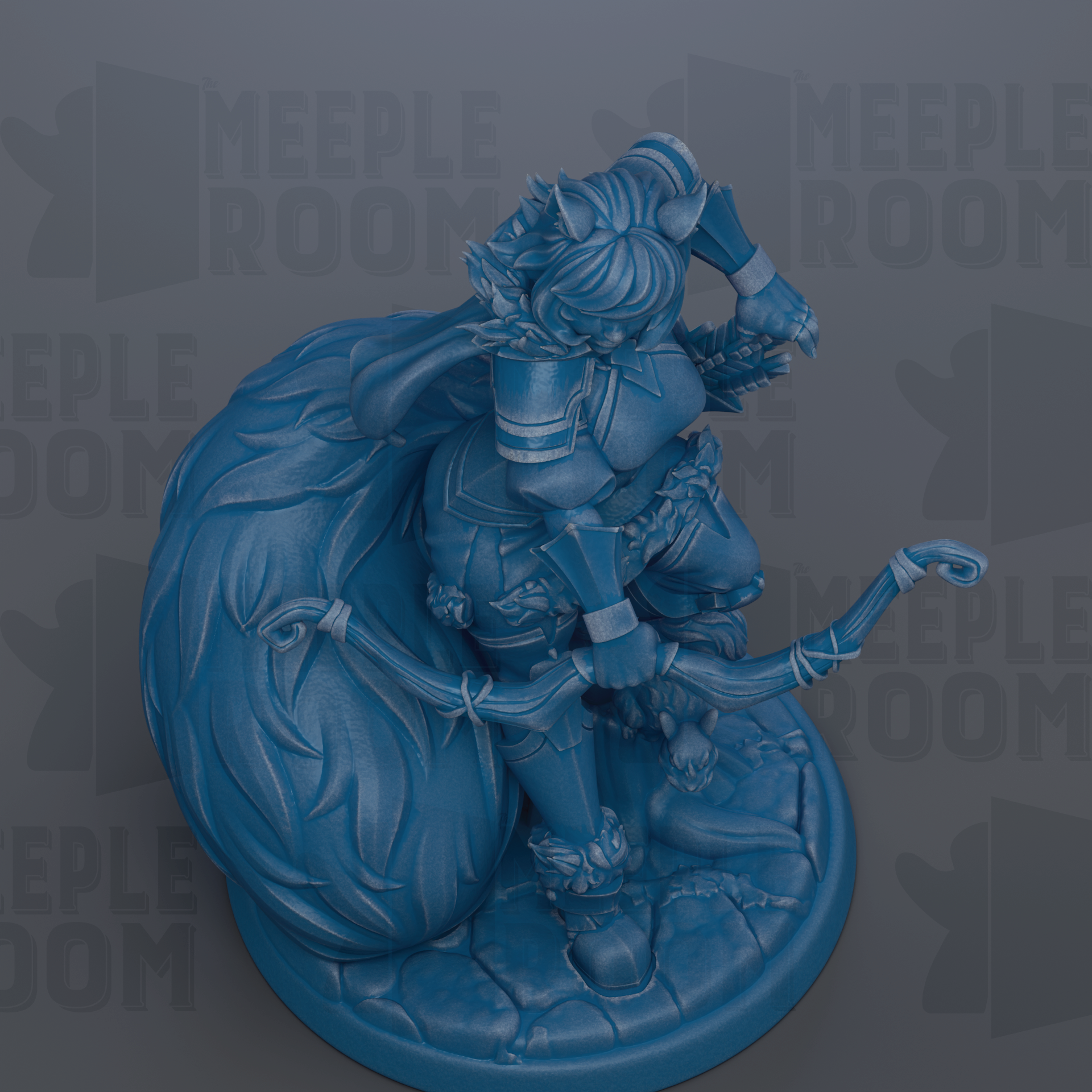 A blue figurine of a warrior-like character with a flowing cape and holding a bow and arrow, set against a dark background with repeated text.
