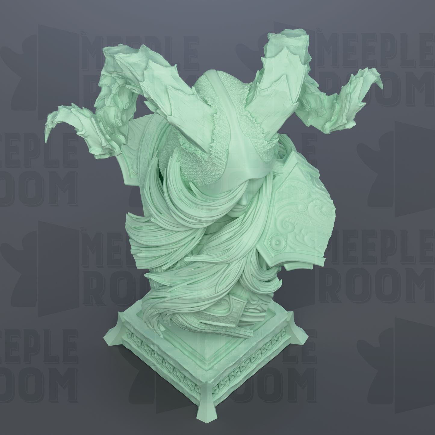 a green, abstract sculpture with flowing, organic shapes and patterns.