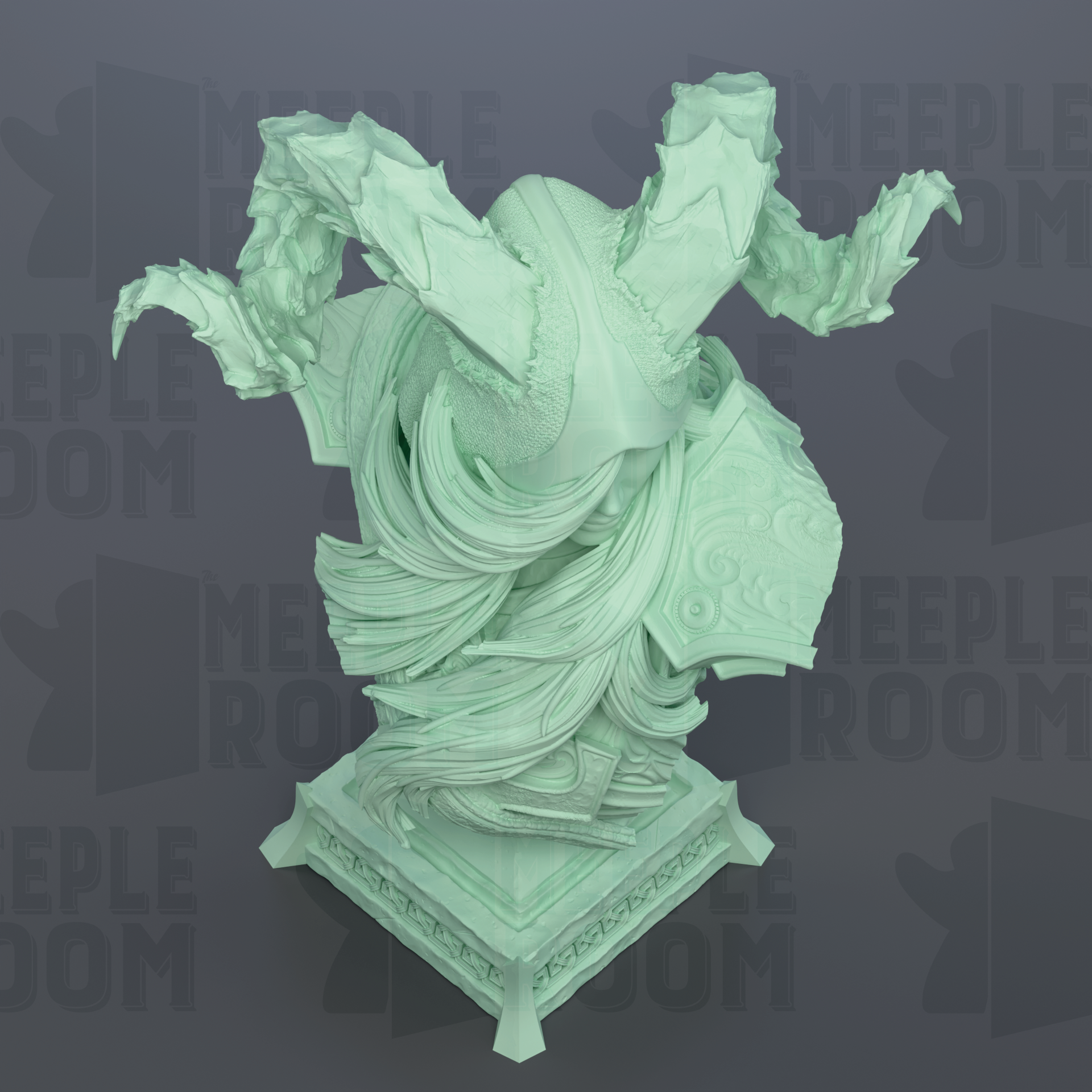 a green, abstract sculpture with flowing, organic shapes and patterns.