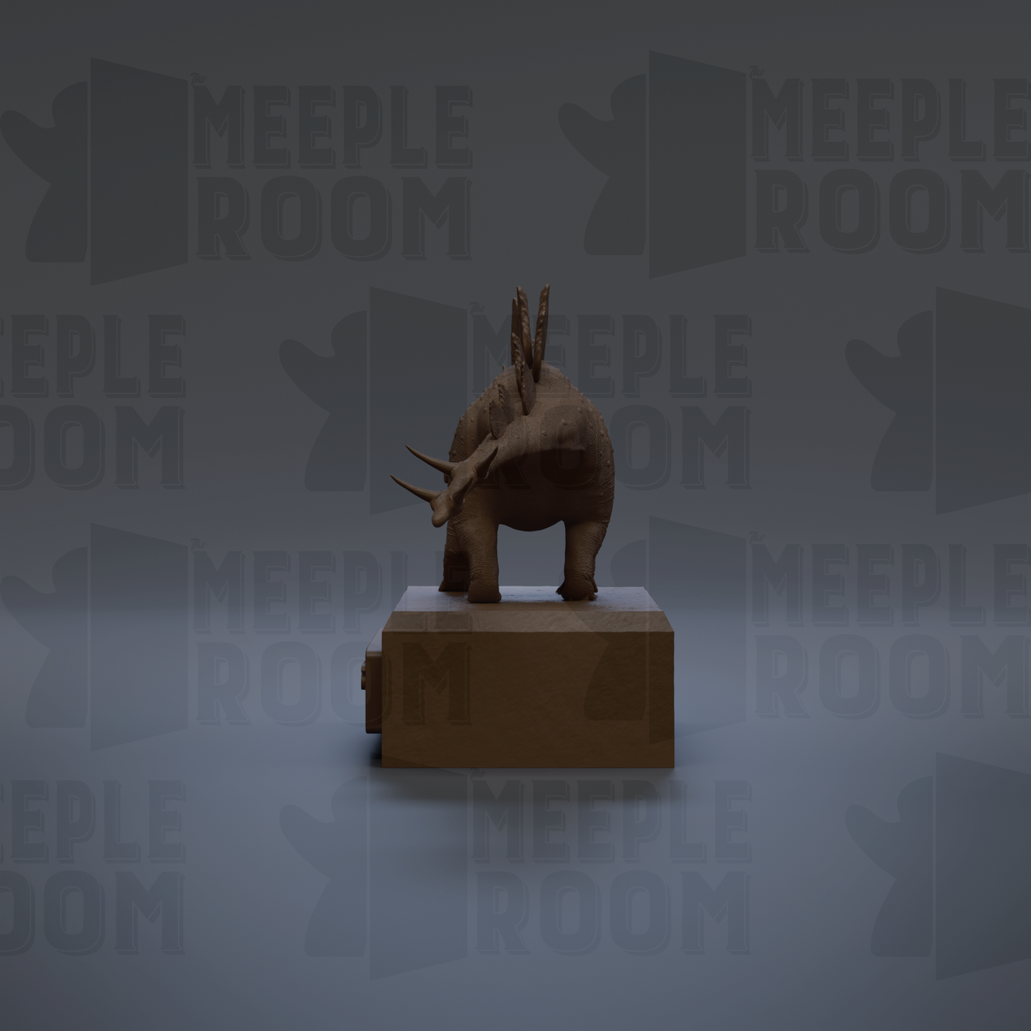 A 3D rendering of a dinosaur statue standing on a rectangular base against a dark background with repeated text.