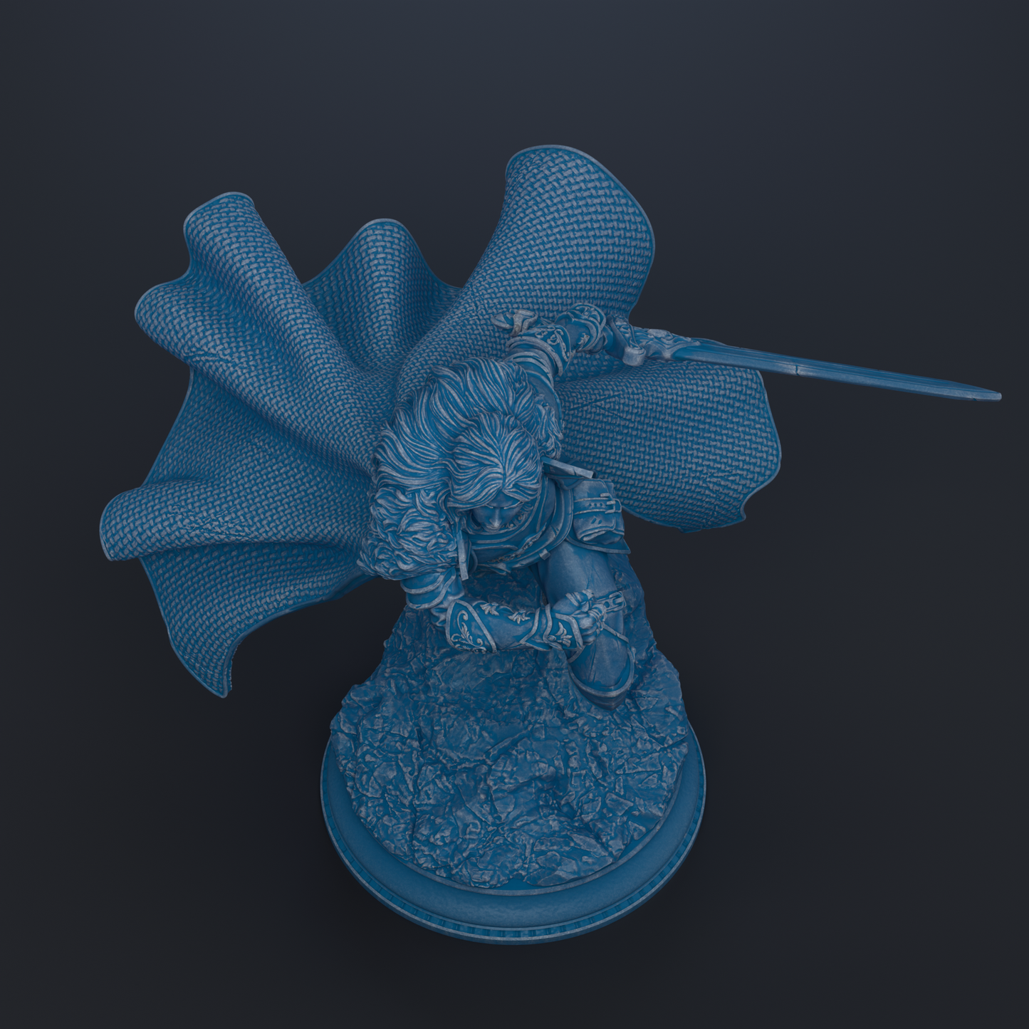 A 3D rendering of a figure in a flowing cape, holding a sword, standing on a rocky base.