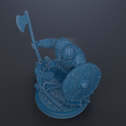 A blue armored warrior figure wielding a large sword and shield, standing on a platform.