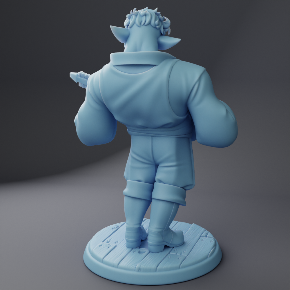 A 3D rendering of a blue statue of a person standing on a wooden base.