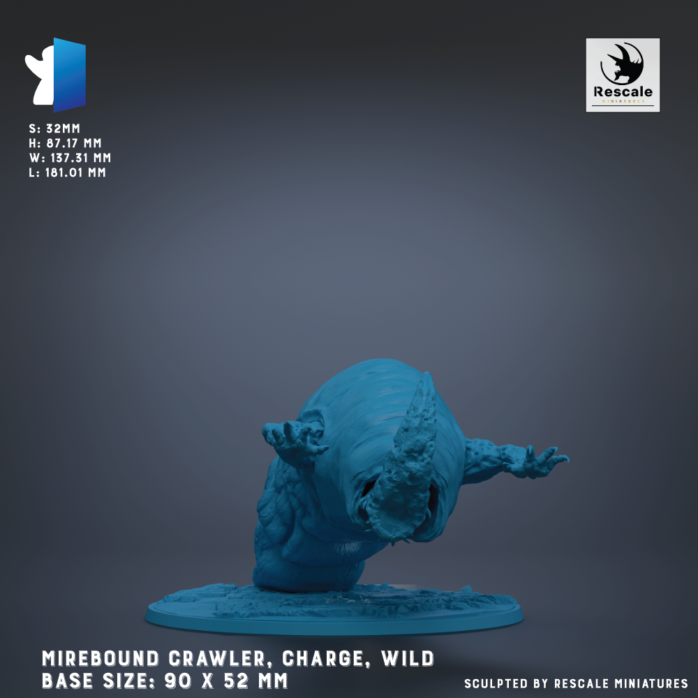 The image is a 3D rendering of a blue, crawling creature resembling a mirebound crawler, a type of wild animal. The creature is shown in a crouched position, with its head and limbs spread out. The image is described as a base size: 90 x 52 mm, and it is sculpted by Rescale miniatures.