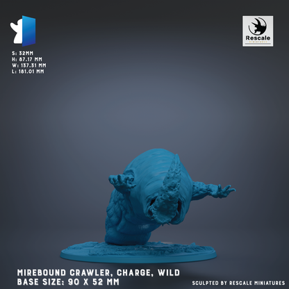 The image is a 3D rendering of a blue, crawling creature resembling a mirebound crawler, a type of wild animal. The creature is shown in a crouched position, with its head and limbs spread out. The image is described as a base size: 90 x 52 mm, and it is sculpted by Rescale miniatures.