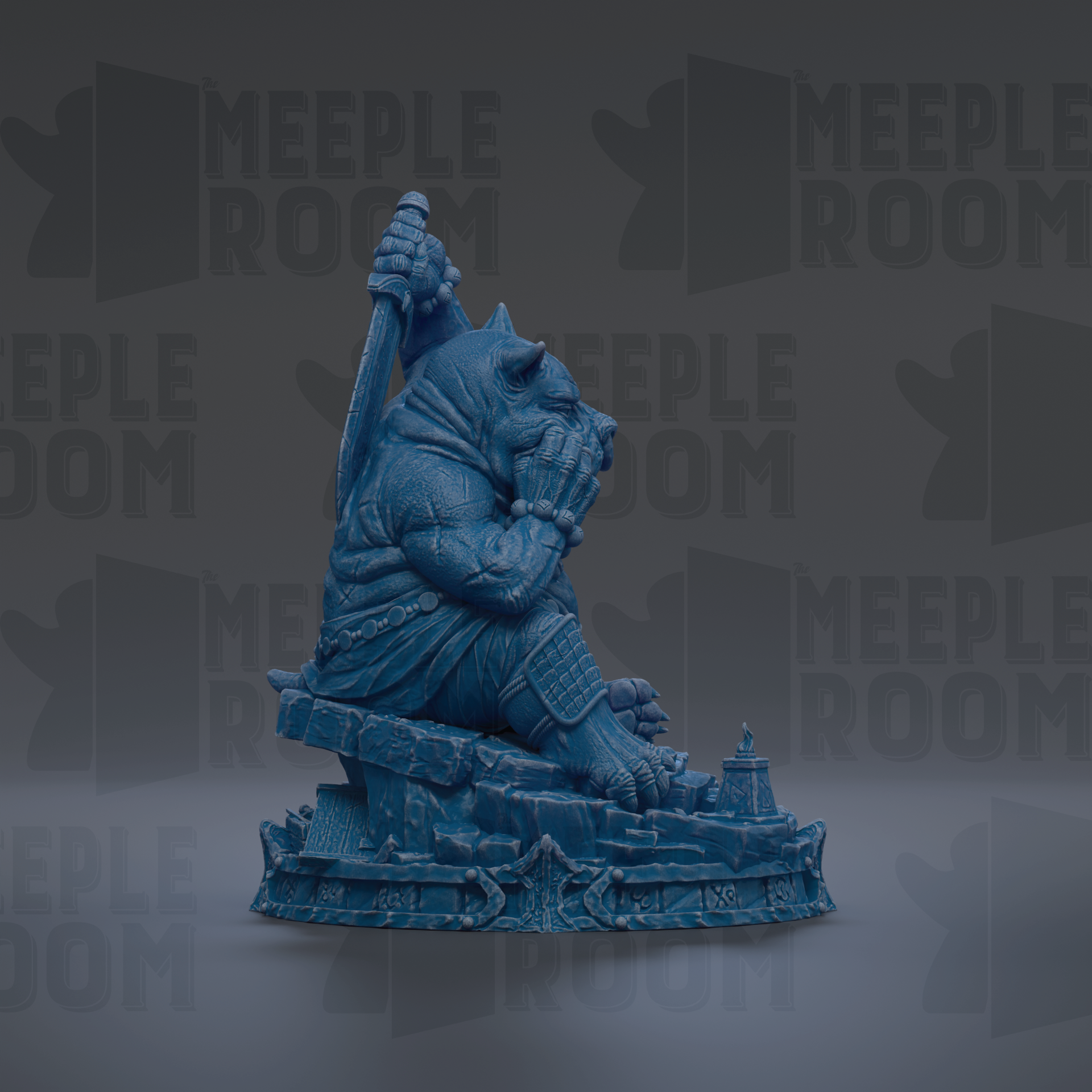 A blue statue of a seated, armored figure holding a weapon, set against a dark background with repeated text.