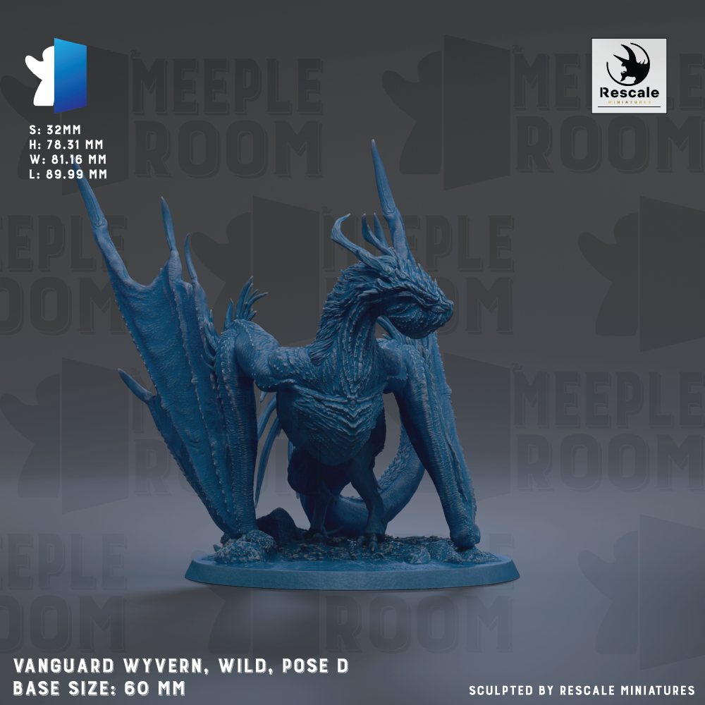 a blue dragon figurine with wings and horns, standing on a base. The dragon is described as being "wild" and "pose d" in the provided text. The image is a sculpture of the Meeples Room, and it is described as being "sculpted by Rescue miniatures".