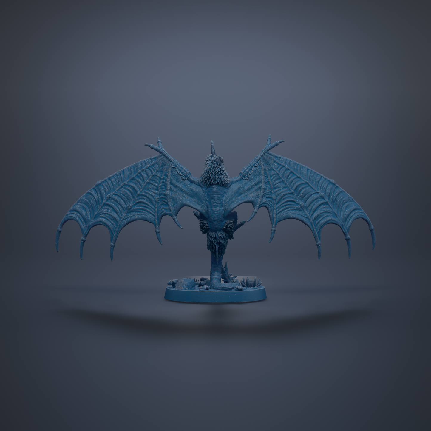 A 3D rendering of a winged creature with a fierce expression, standing on a base and facing away from the viewer.