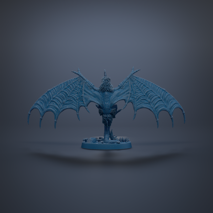 A 3D rendering of a winged creature with a fierce expression, standing on a base and facing away from the viewer.