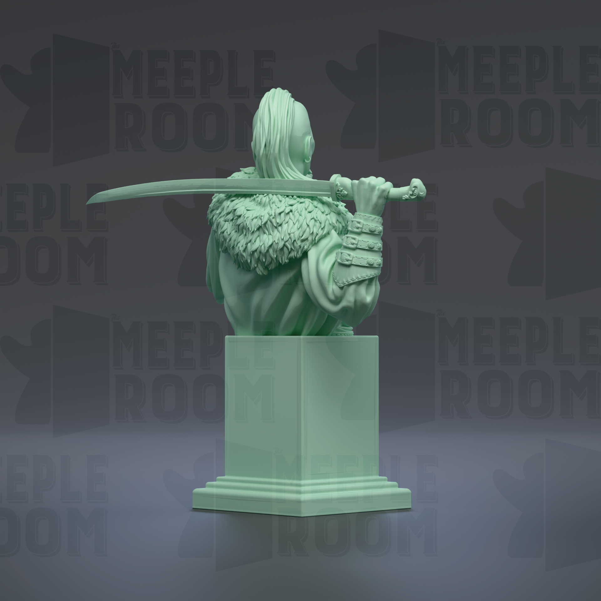 A green statue of a person holding a sword and wearing a fur-trimmed cape, standing on a pedestal.