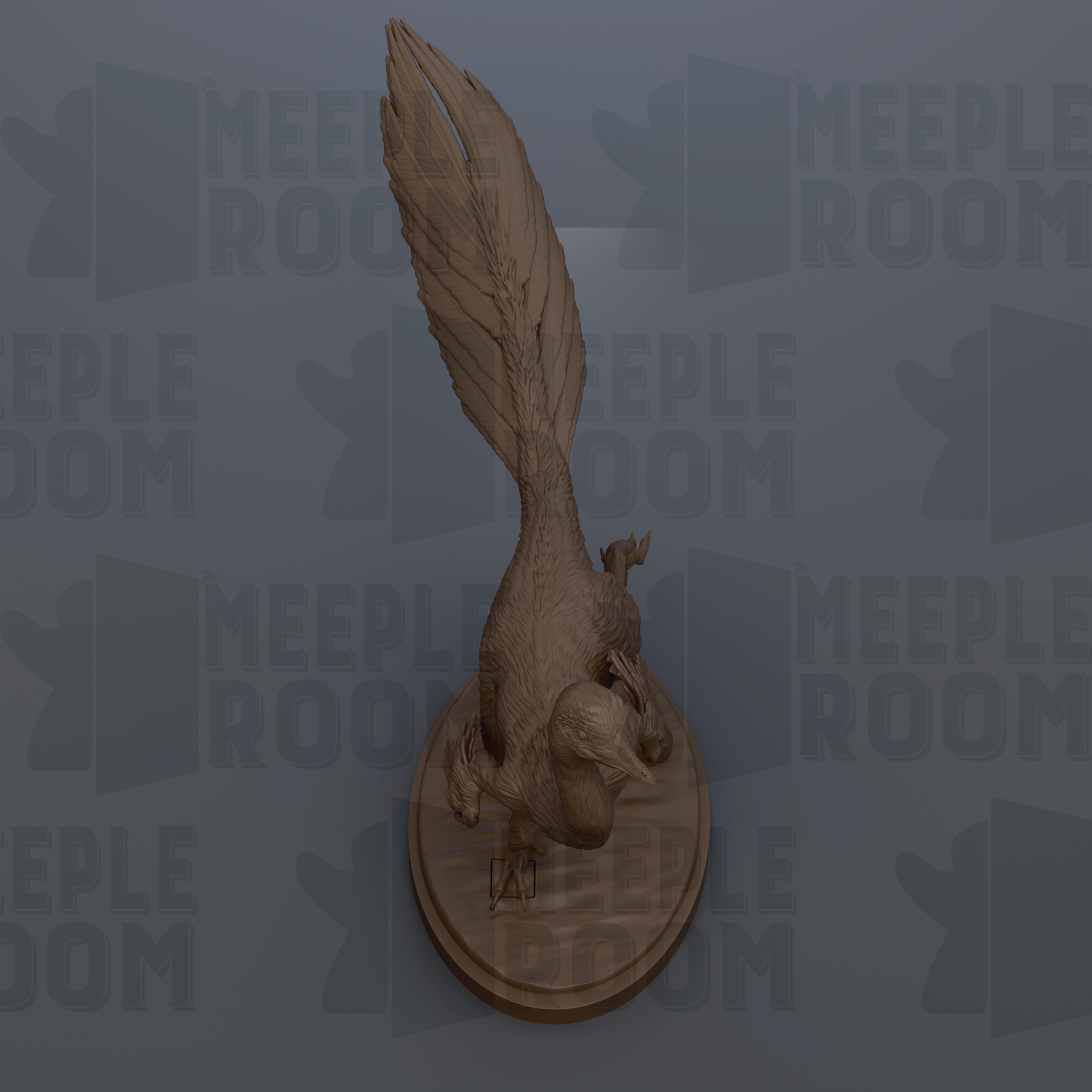 a detailed 3D rendering of a bird statue, possibly a dinosaur, perched on a circular base. The background is a dark gray color, and the image contains repeated text that reads "MEEPLE ROOM".