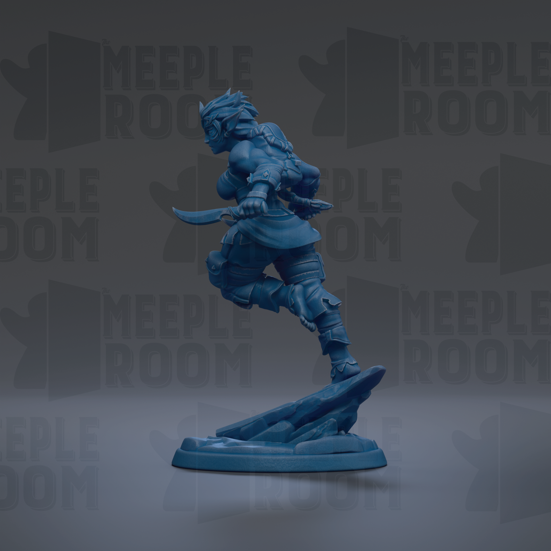 A blue figurine of a warrior-like character, possibly a knight or warrior, is depicted in a dynamic pose, standing on a rock formation.