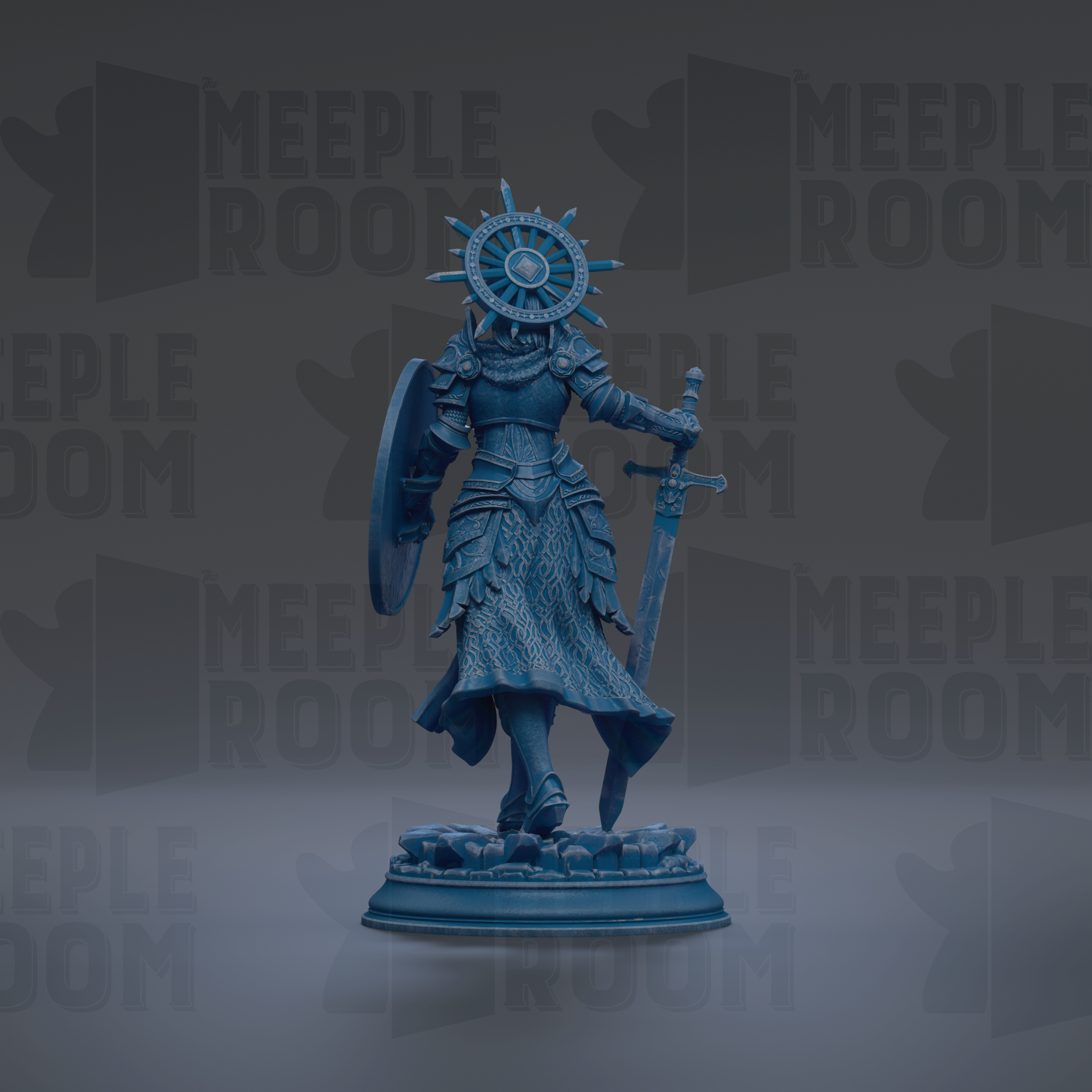 A blue statue of a warrior figure holding a shield and sword, standing on a pedestal.