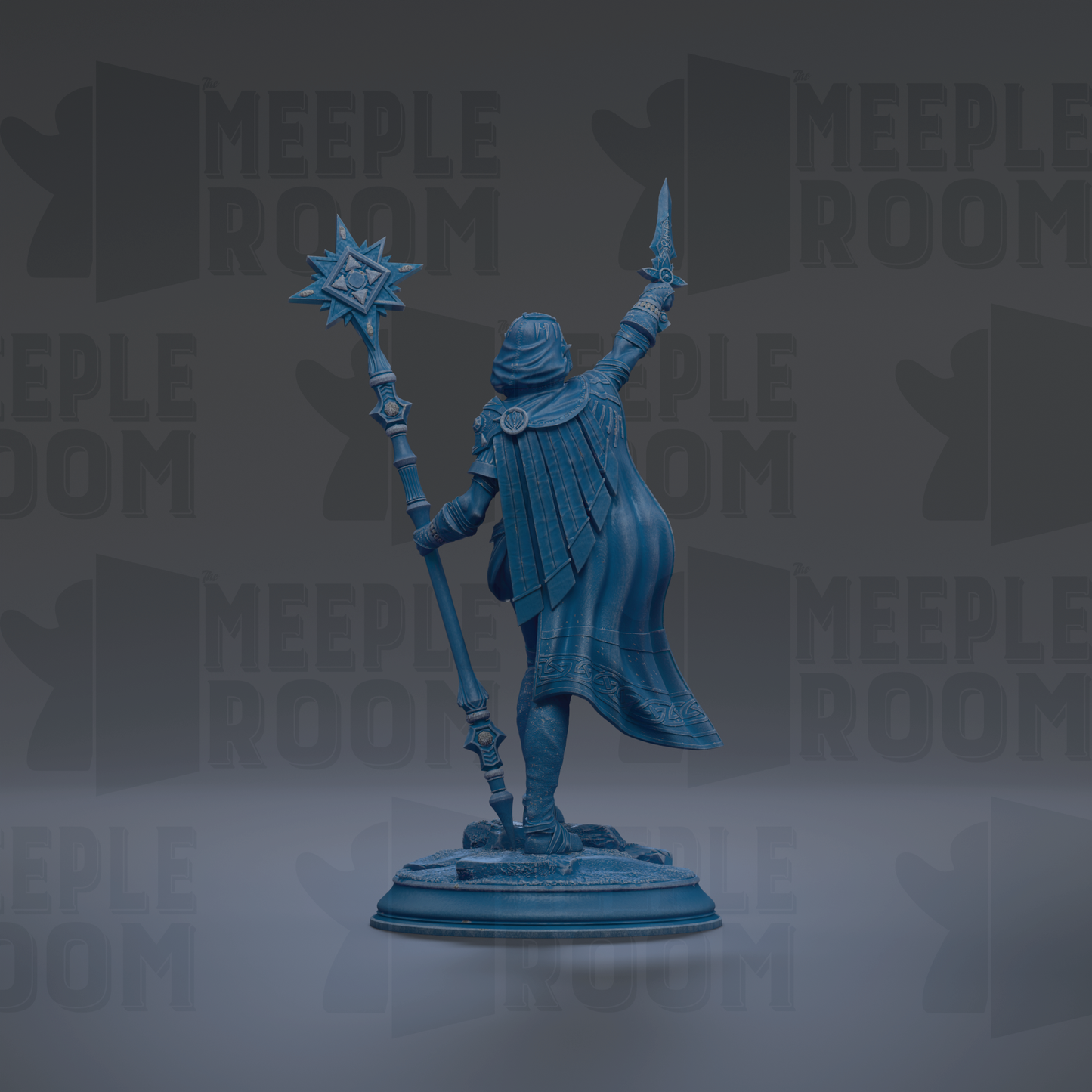 A blue statue of a figure holding a staff and a star-shaped weapon, standing on a pedestal against a dark background with repeated text.